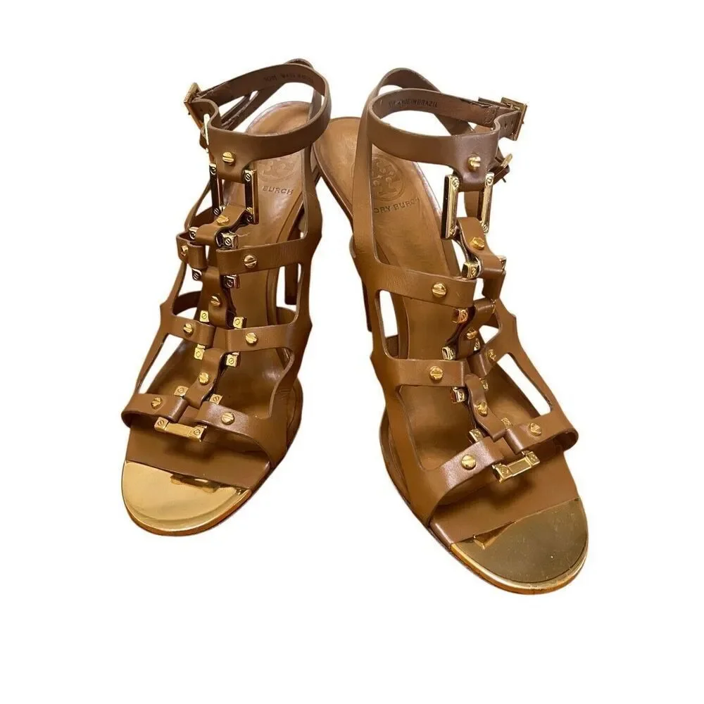 Tory Burch Francesca Camel Leather & Gold Strappy Ankle Stiletto High Heels 10